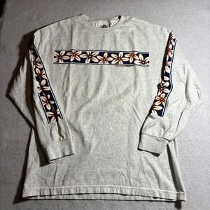 Y2K Hawaiian Surfrider Mens Gray Long Sleeve T Shirt Floral Print Size Large